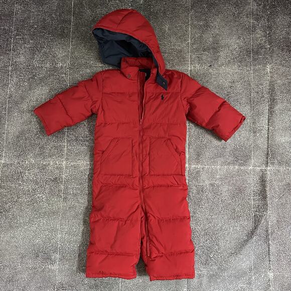 Boys Baby Ralph Lauren Red Navy Blue Down One Piece Puffer Jacket Bunting Sz 24M